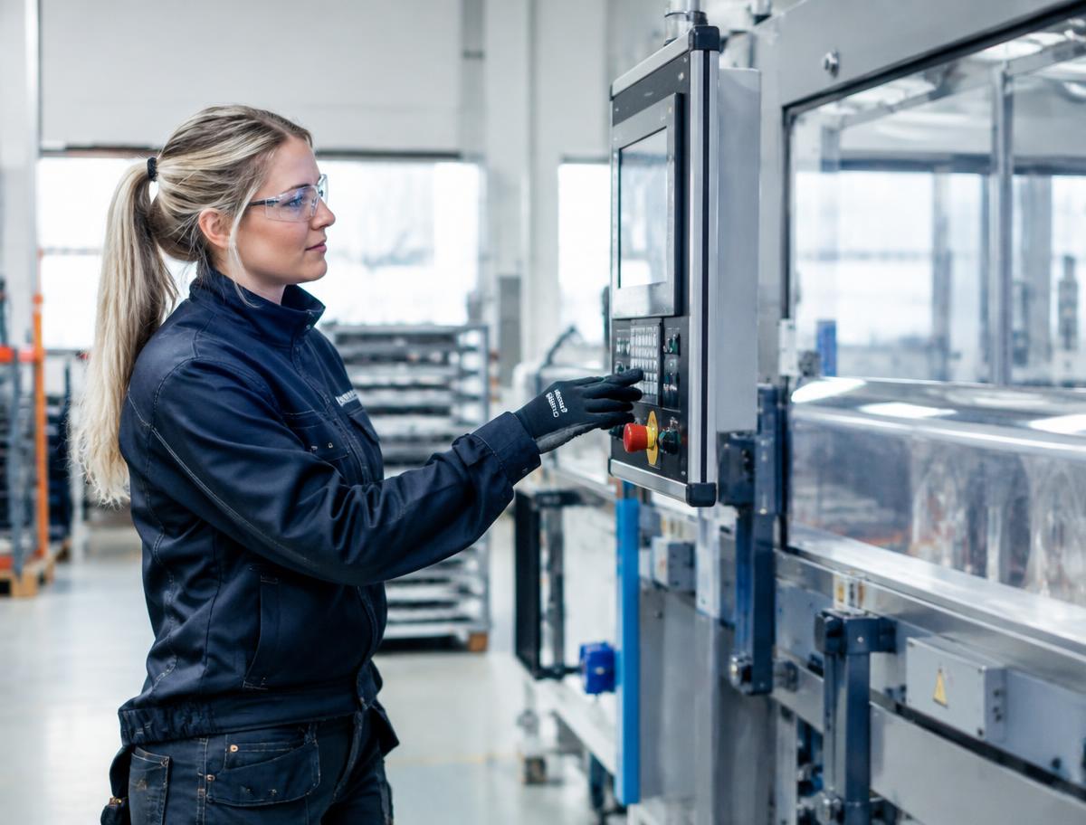 Operatör vid kontrollpanel i en modern fabrik